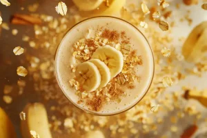 Licuado proteico plátano avena leche